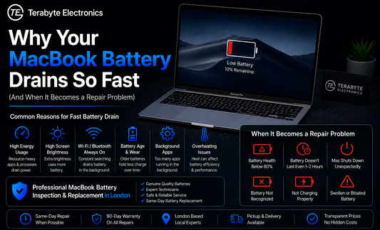 MacBook battery draining fast issue showing charging and battery performance problems in London