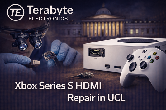 Xbox Series S HDMI repair in UCL by Terabyte Electronics, showing damaged HDMI port inspection and professional console repair setup