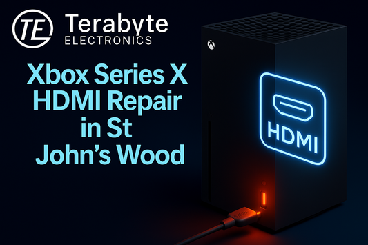 Xbox Series X HDMI Repair in St John’s Wood – Terabyte Electronics showcasing Xbox Series X with glowing HDMI icon and cable highlighting HDMI port repair service.
