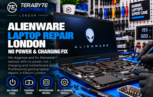 Alienware gaming laptop on workshop repair bench at Terabyte Electronics Kilburn London