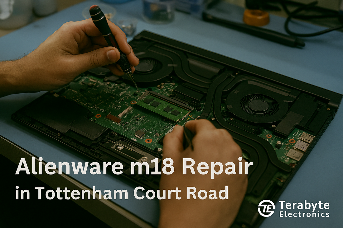 Alienware m18 repair in Tottenham Court Road – technician working on laptop motherboard at Terabyte Electronics service center