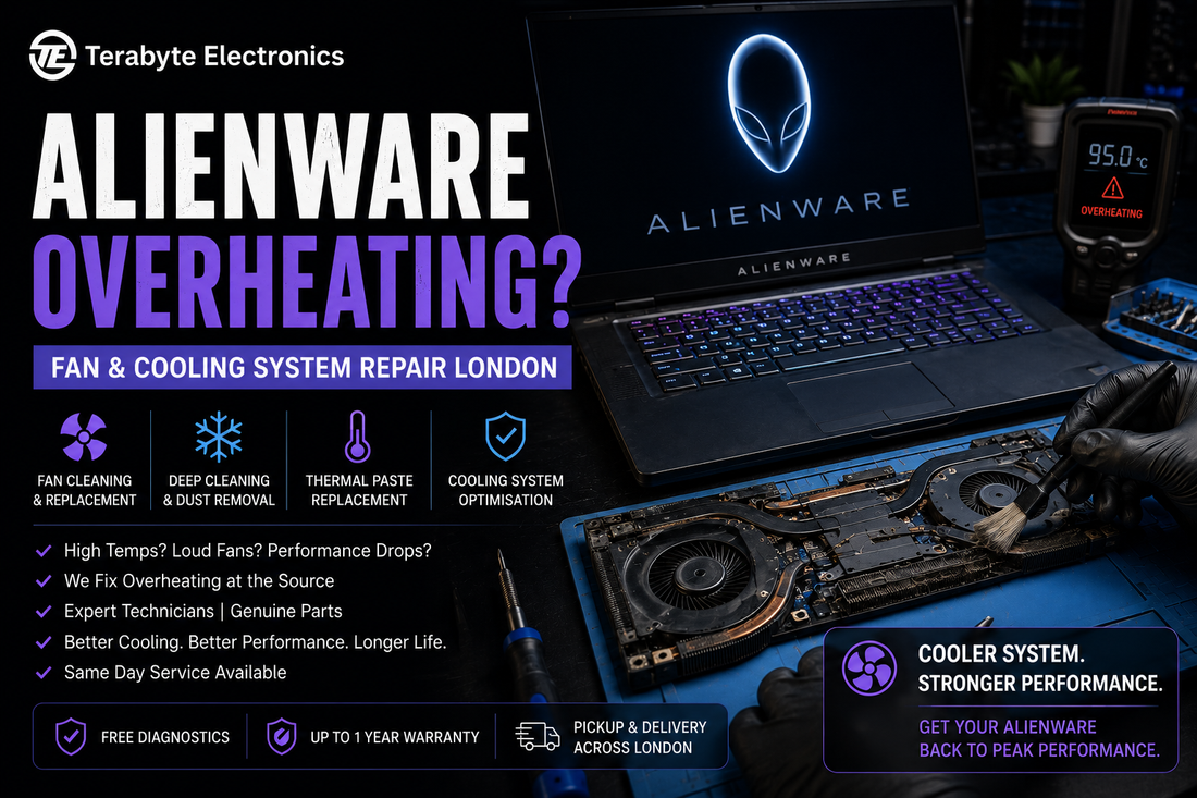 An electronics specialist using precision tools and multimeters to inspect the quad-fan thermal system components and power rails on an open Alienware laptop.