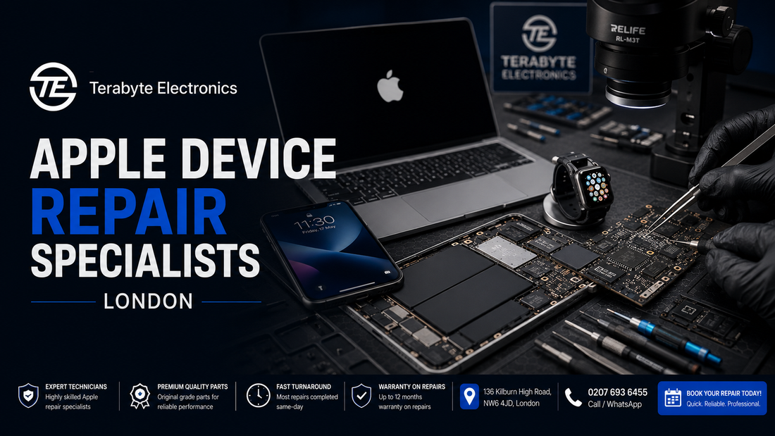 Technician performing component-level diagnostics on MacBook, iPhone, iPad, and Apple Watch devices at Terabyte Electronics repair workshop in London.
