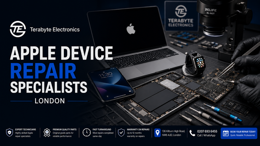Technician performing component-level diagnostics on MacBook, iPhone, iPad, and Apple Watch devices at Terabyte Electronics repair workshop in London.