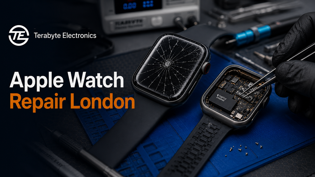 Apple Watch with cracked glass screen next to disassembled logic board on technician repair bench at Terabyte Electronics London