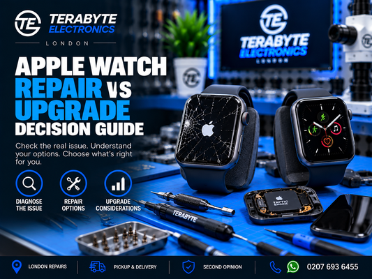 An Apple Watch undergoing diagnostic inspection and battery health testing on a technical workbench at Terabyte Electronics in London.
