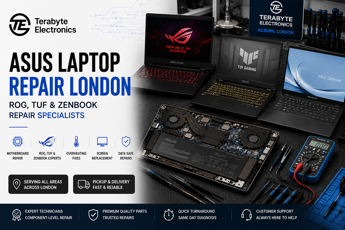 ASUS ROG, TUF and Zenbook laptops undergoing motherboard diagnostics and hardware repair at Terabyte Electronics Kilburn, London.