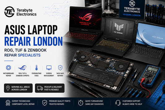 ASUS ROG, TUF and Zenbook laptops undergoing motherboard diagnostics and hardware repair at Terabyte Electronics Kilburn, London.