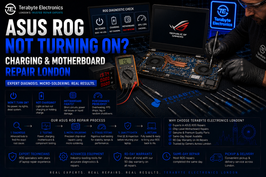 An electronics specialist using an advanced micro-soldering station and thermal imaging cameras to diagnose a shorted power rail chip on an ASUS ROG gaming laptop motherboard.