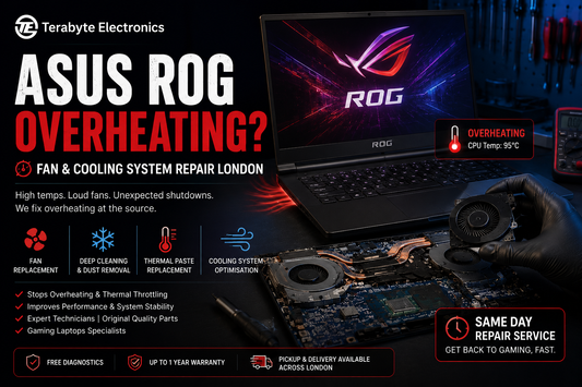 An electronics specialist using precision tools and multimeters to inspect the vapor chamber heat pipes and cooling fans on an open ASUS ROG gaming laptop.