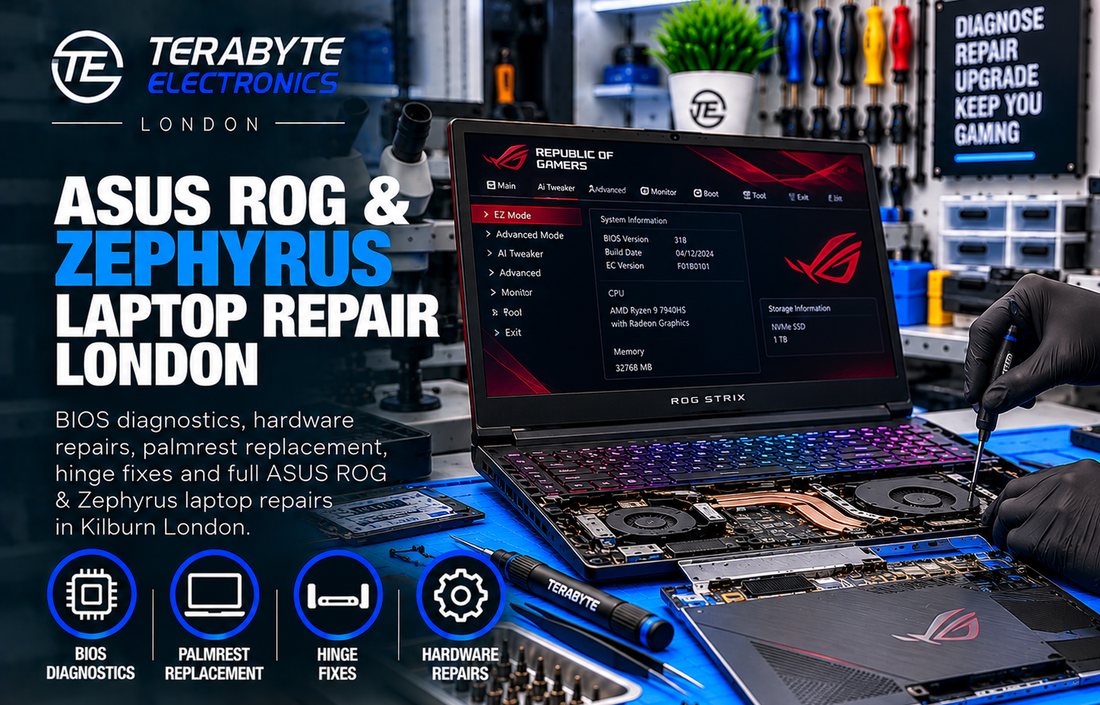 ASUS ROG Strix gaming laptop undergo BIOS hardware diagnostic and palmrest replacement on Terabyte Electronics repair bench in London