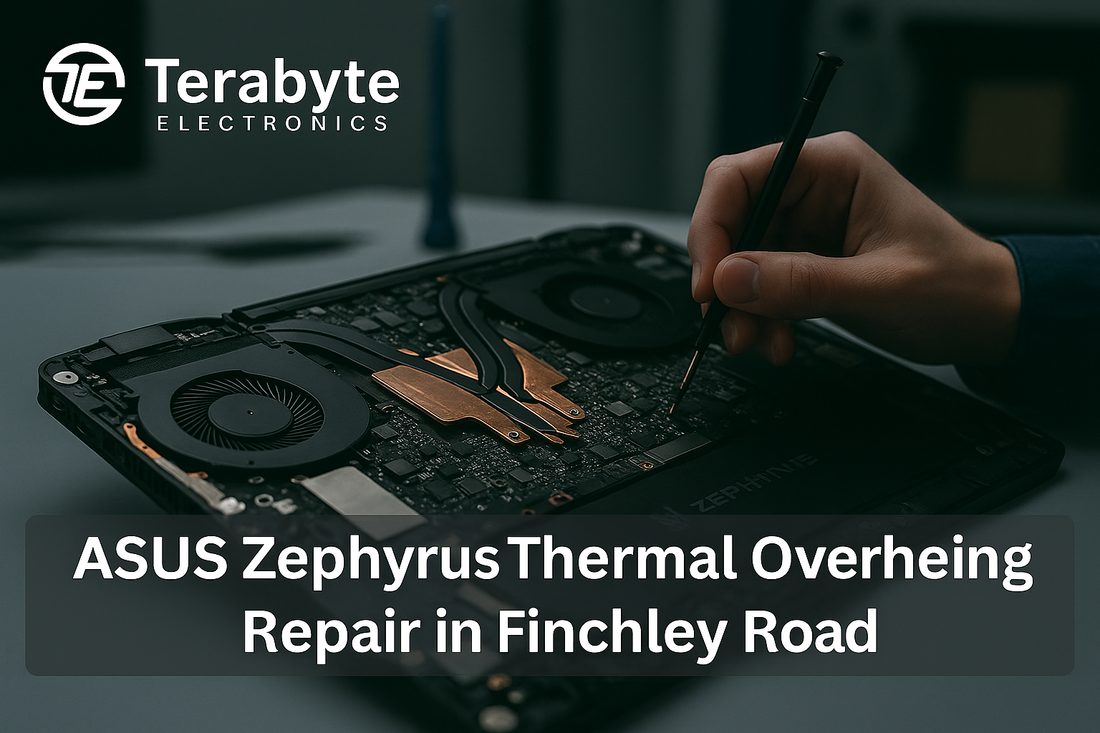 Terabyte Electronics technician repairing an ASUS Zephyrus gaming laptop for thermal overheating issues in Finchley Road.