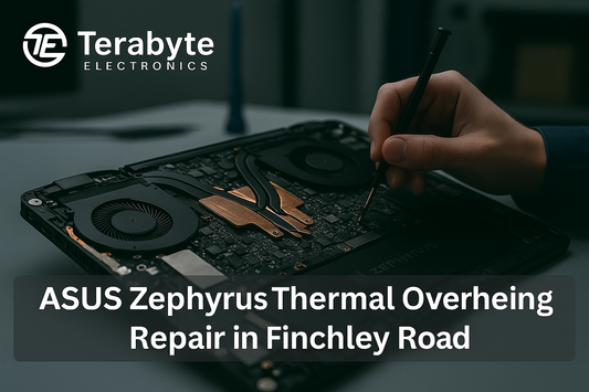 Terabyte Electronics technician repairing an ASUS Zephyrus gaming laptop for thermal overheating issues in Finchley Road.