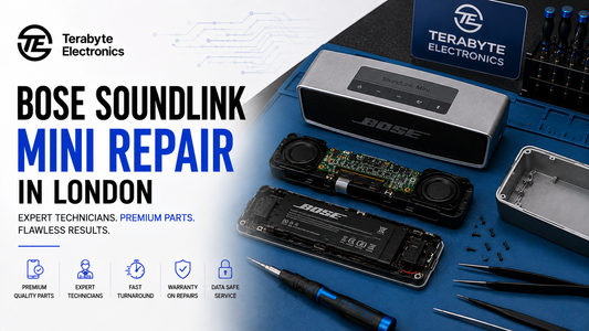 Internal teardown view of a disassembled Bose SoundLink Mini Bluetooth speaker showing transducers, passive radiators, power PCB, and aluminum housing on a blue ESD mat at Terabyte Electronics Kilburn.