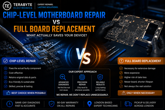 Infographic comparing chip-level motherboard repair versus full board replacement benefits at Terabyte Electronics.