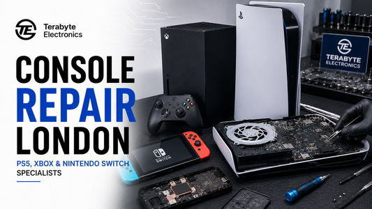 PlayStation 5, Xbox Series X, and Nintendo Switch undergoing diagnostics in Terabyte Electronics London workshop