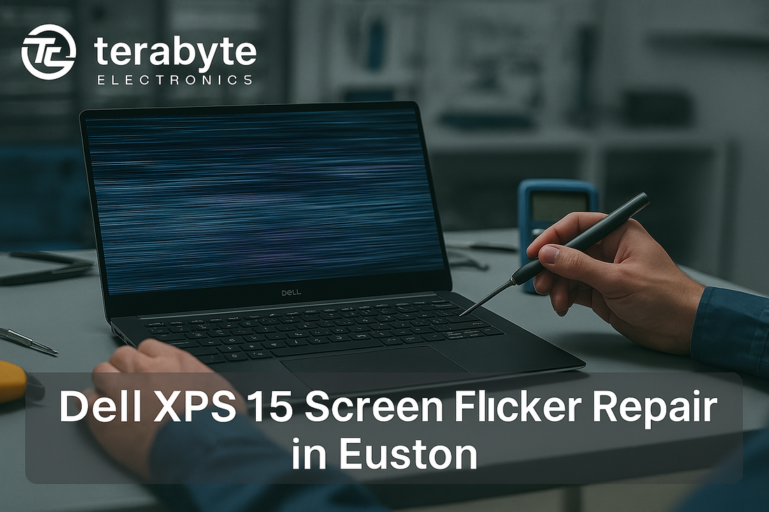 Dell XPS 15 laptop screen flicker repair service in Euston by Terabyte Electronics with professional technician fixing display issues.