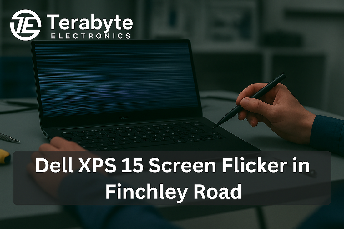 Terabyte Electronics blog image showing a Dell XPS 15 laptop with a flickering screen under repair, promoting screen flicker repair services in Finchley Road.