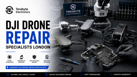 DJI Mini, Air, Mavic, and Avata drones undergoing diagnostics and micro-soldering repair at Terabyte Electronics London workshop