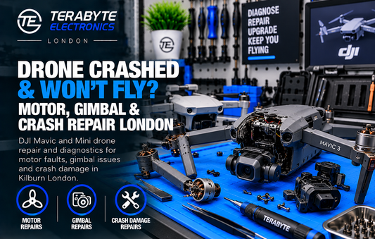 DJI Mavic and Mini drone undergoing post-crash motor arm and gimbal inspection on workshop bench in Kilburn London