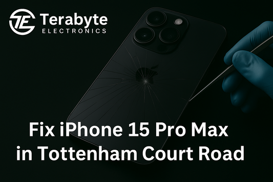 Fix iPhone 15 Pro Max in Tottenham Court Road – Terabyte Electronics blog banner with cracked iPhone 15 Pro Max and technician using repair tool