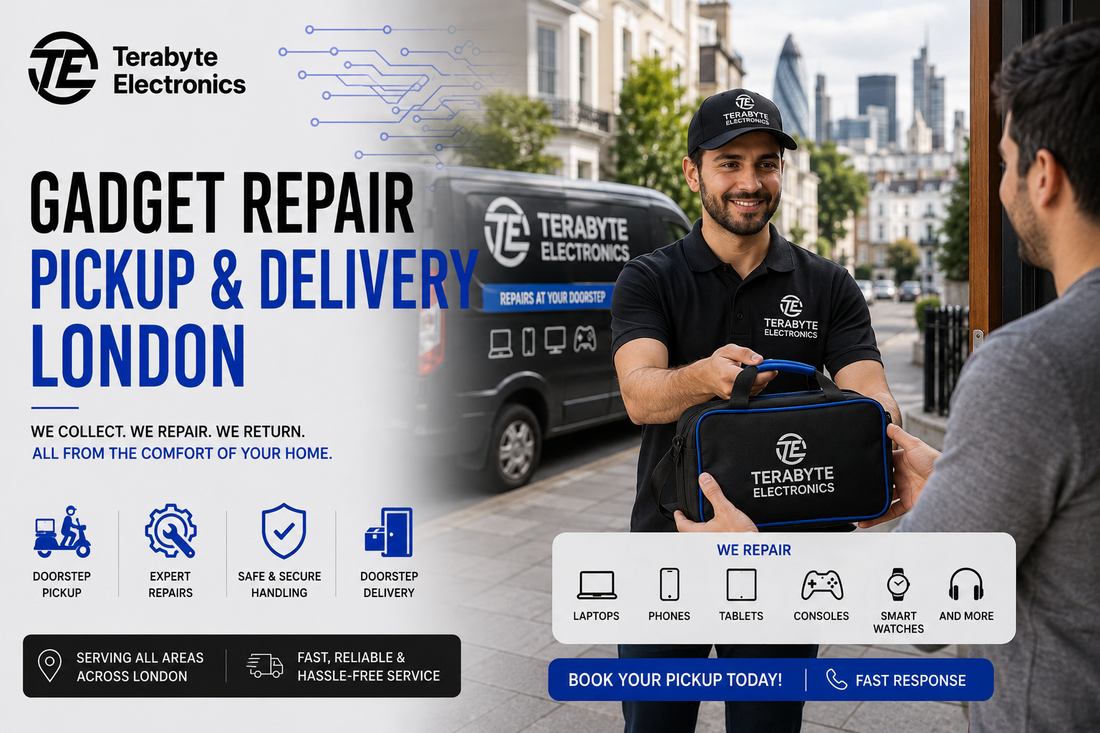 Terabyte Electronics representative collecting a laptop for doorstep repair pickup and delivery in London.