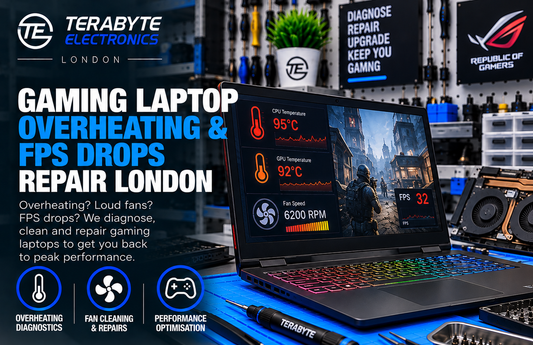 Gaming laptop undergoing cooling fan and heatsink diagnostic testing on workshop bench in Kilburn London
