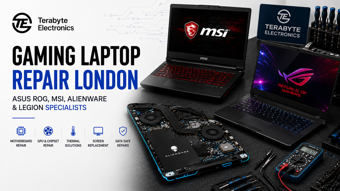 Gaming laptop repair service workbench at Terabyte Electronics London featuring an MSI laptop, an ASUS ROG laptop, and a disassembled Alienware motherboard alongside multimeter and diagnostic repair tools.