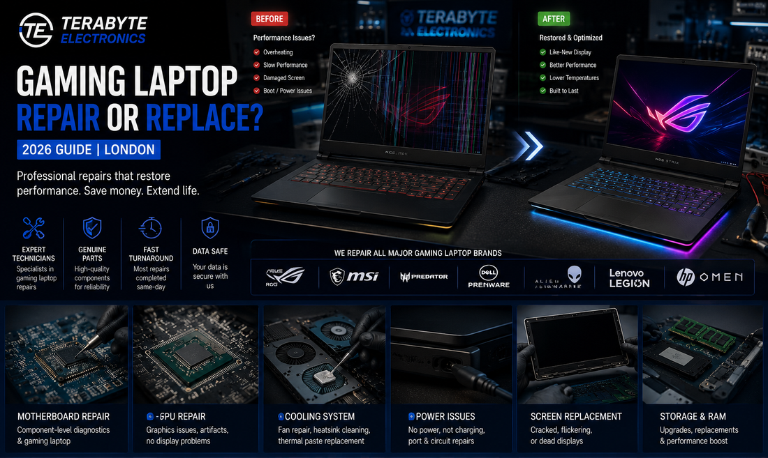 Gaming laptop with performance hardware on a workshop bench next to a diagnostic assessment checklist.