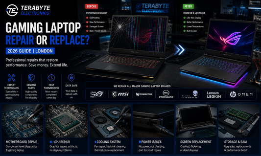 Gaming laptop with performance hardware on a workshop bench next to a diagnostic assessment checklist.