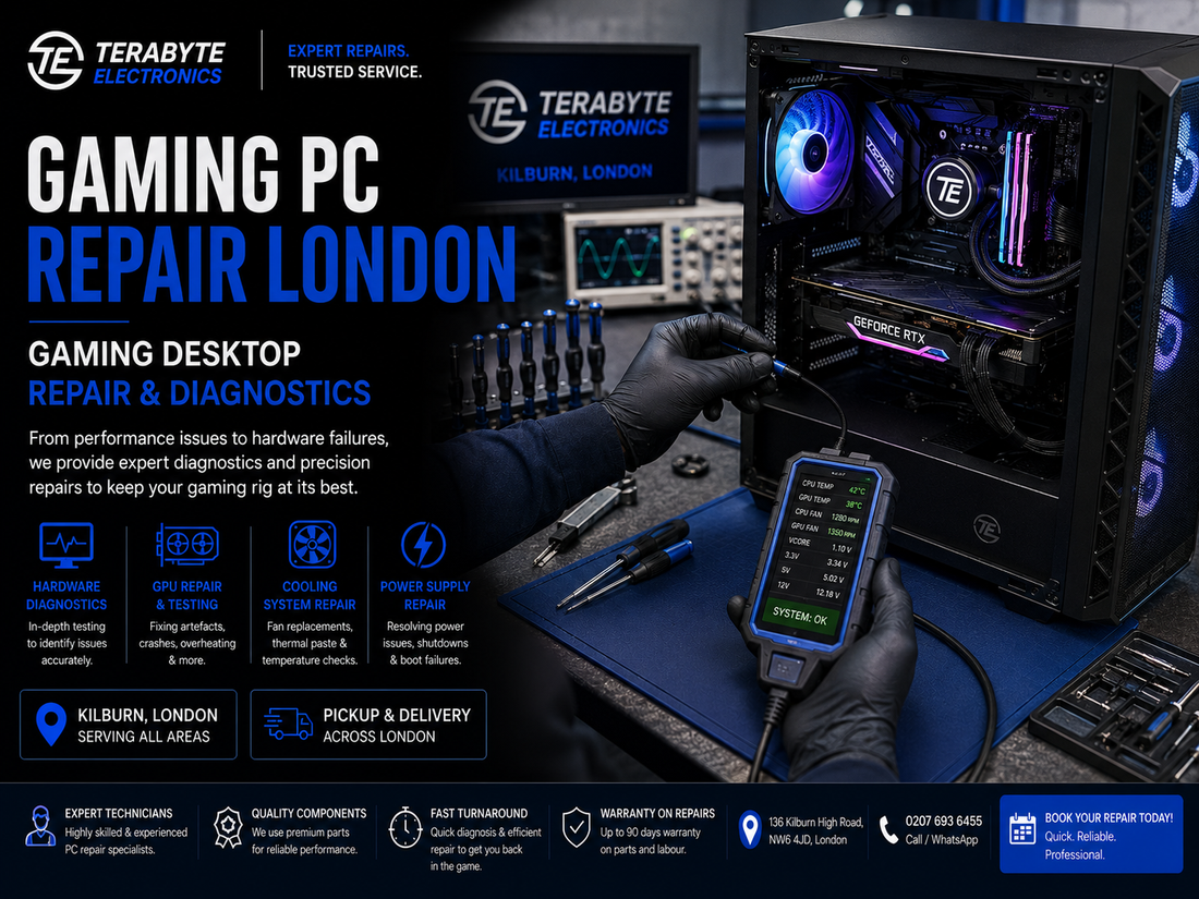 Custom gaming desktop open on an antistatic workbench undergoing hardware diagnostic assessment at Terabyte Electronics London.