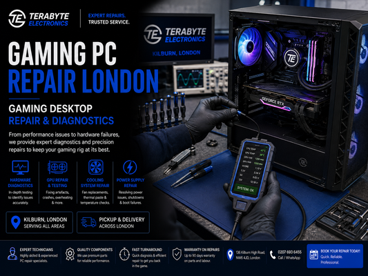 Custom gaming desktop open on an antistatic workbench undergoing hardware diagnostic assessment at Terabyte Electronics London.