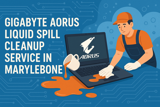 Technician cleaning spilled liquid from Gigabyte Aorus laptop – Liquid Spill Cleanup Service in Marylebone