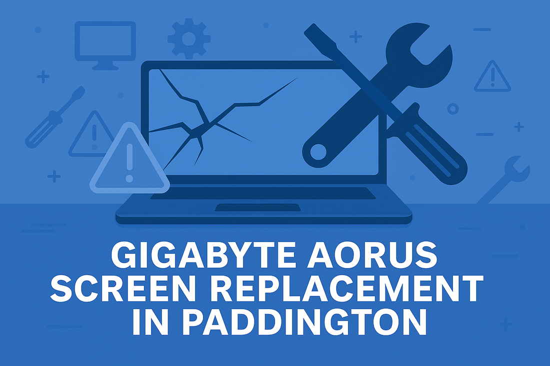 Landscape illustration of a cracked Gigabyte Aorus laptop screen with repair tools and warning icon, promoting “Gigabyte Aorus Screen Replacement in Paddington” in bold white text.