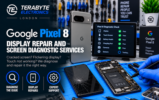 A Google Pixel 8 smartphone undergoing display and screen diagnostic assessment on a technical workbench at Terabyte Electronics in London.