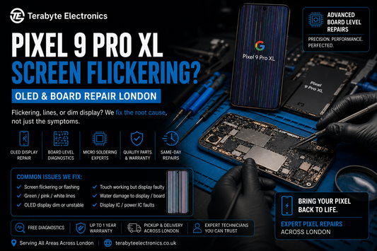 An electronics specialist using precision tools to align the internal display flex cable on an open Google Pixel 9 Pro XL smartphone.