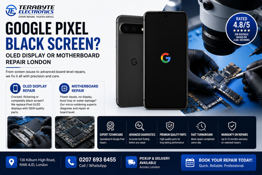 Google Pixel 10 smartphone OLED screen replacement on repair bench at Terabyte Electronics Kilburn London