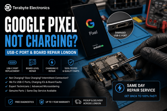 An electronics specialist using digital multimeters and precision tools to check the voltage rails on an open Google Pixel smartphone charging port flex circuit.