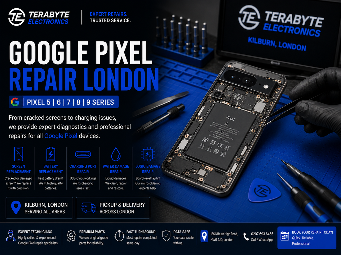 Google Pixel smartphone open on an antistatic repair mat undergoing hardware diagnostic assessment at Terabyte Electronics London.
