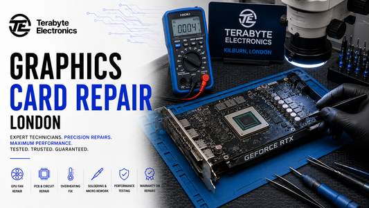 Professional electronics repair workbench with disassembled desktop NVIDIA graphics card, diagnostic multimeter, logic board probes, and testing equipment at Terabyte Electronics London.