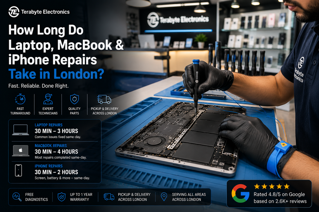 A professional technician installing a premium replacement battery module into a MacBook on a clean workshop bench at Terabyte Electronics London.
