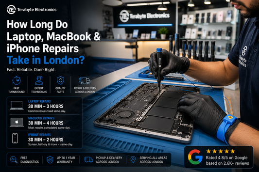 A professional technician installing a premium replacement battery module into a MacBook on a clean workshop bench at Terabyte Electronics London.