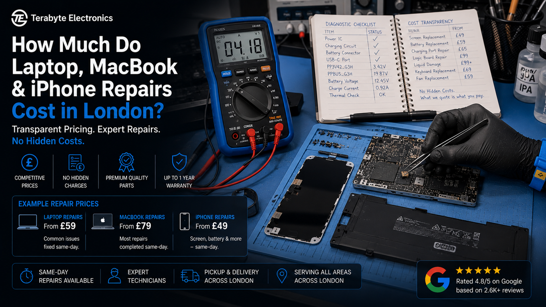 An electronics technician conducting microscope-guided circuit troubleshooting on a motherboard to generate a transparent repair cost quote at Terabyte Electronics.
