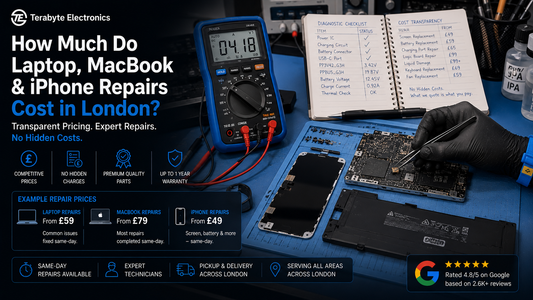 An electronics technician conducting microscope-guided circuit troubleshooting on a motherboard to generate a transparent repair cost quote at Terabyte Electronics.