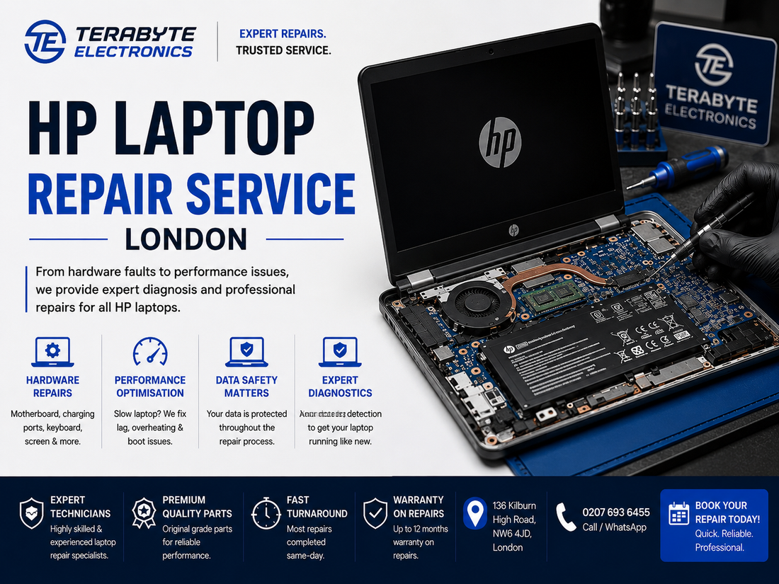 Technician repairing an HP Spectre laptop screen and motherboard in London workshop