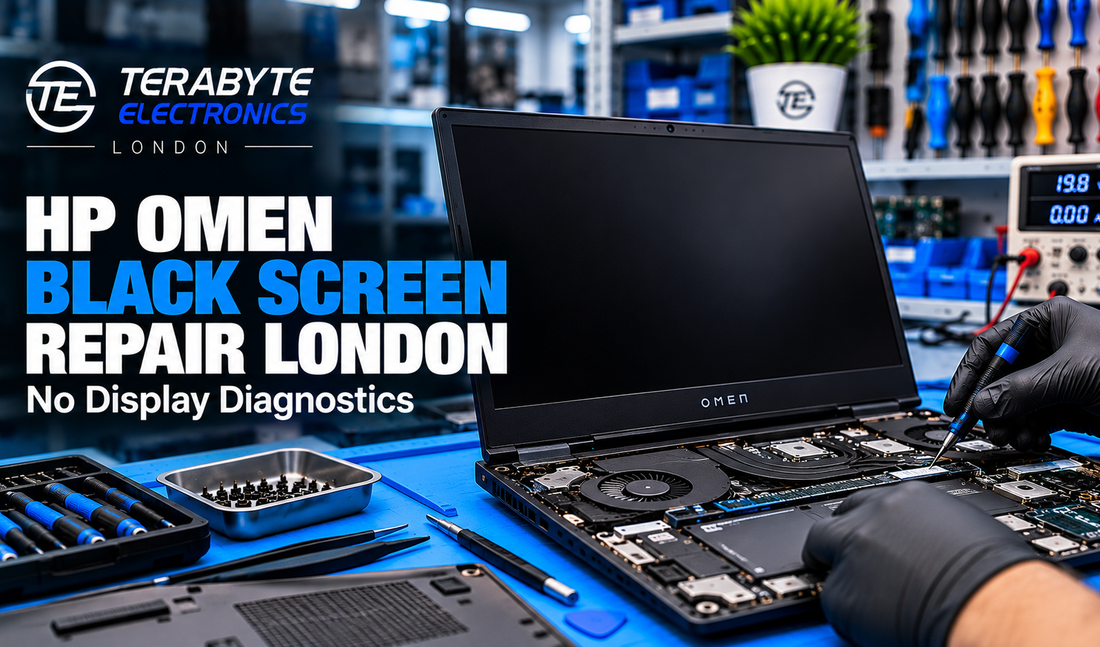 Laptop diagnostic and repair inspection bench at Terabyte Electronics Kilburn London
