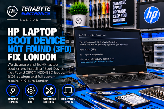 HP Spectre laptop displaying Boot Device Not Found 3F0 error during hardware diagnostic testing at Terabyte Electronics Kilburn London