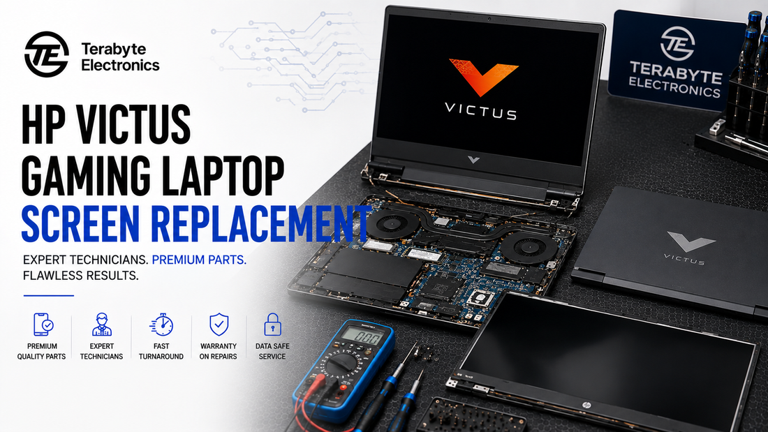Disassembled HP Victus gaming laptop lid with display bezel removed, showing eDP video cable and hinge mounts at Terabyte Electronics London.
