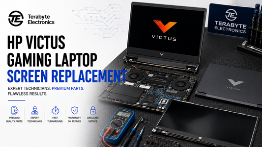 Disassembled HP Victus gaming laptop lid with display bezel removed, showing eDP video cable and hinge mounts at Terabyte Electronics London.