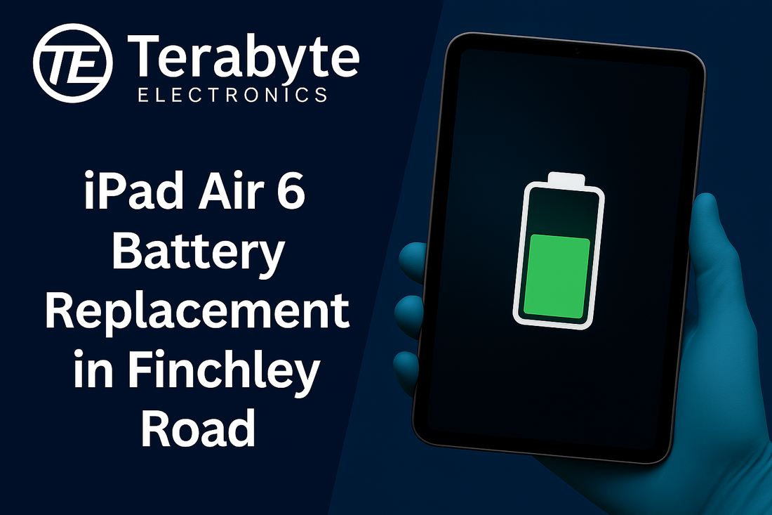 iPad Air 6 battery replacement in Finchley Road by Terabyte Electronics showing tablet with battery icon on dark background